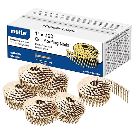 meite 14,400PCS Coil Roofing Nails 1-Inch Leg for Roofing Nailer Gun, 15 Degree Round Head Wire-Weld Collated Coil Nail, Professional Contractor-Pack Roofing Nails for Roof Repair Asphalt Shingles