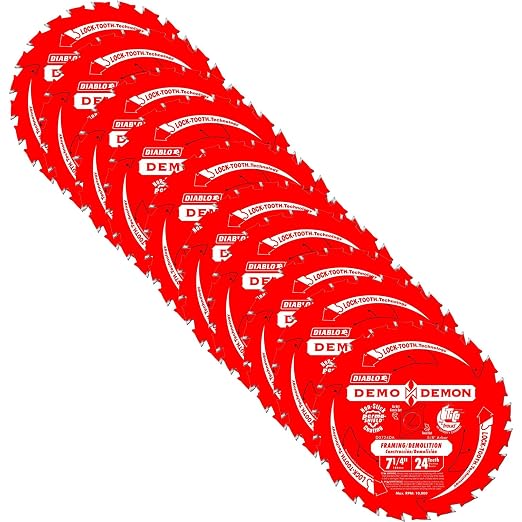 Diablo Demo Demon 7‑¼″ x 24‑Tooth Ultimate Framing & Demolition Saw Blades, 10‑Pack - Lock‑Tooth, Thin Kerf, Long Life - D0724DA | 7-1/4 Dia, 24 Carbide Teeth, 5/8 Arbor, 059 Thin Kerf, Lock-Tooth and Dura-Blend Carbide for Framing and Demolition