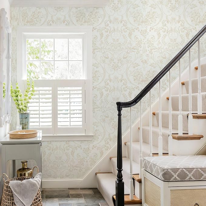 Ismoon Floral Peel and Stick Wallpaper Vintage Beige Contact Paper Watercolor Damask Wallpaper Boho Waterproof Removable Self-Adhesive Wall Paper for Bedroom Shelf Cabinet Décor 17.3in x 6.56ft