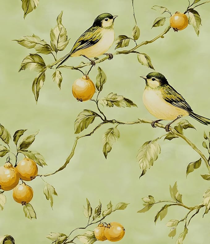Vintage Bird Wallpaper Peel and Stick, Green Botanical Fruits Contact Paper17.5" x 393", Retro Floral Boho Wall Paper Self Adhesive Removable Waterproof for Bedroom Walls Shelf Cabinet Drawer Table