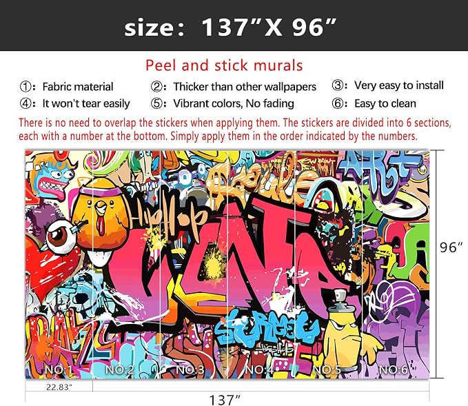 YIHWM-Peel and Stick Colorful Graffiti Wallpaper Pink Street Art wall Mural | Tear-resistant,with a substantial feel;Will not be damaged during repositioning.Boy's Room,kids room wallpaper.L-137"x96"