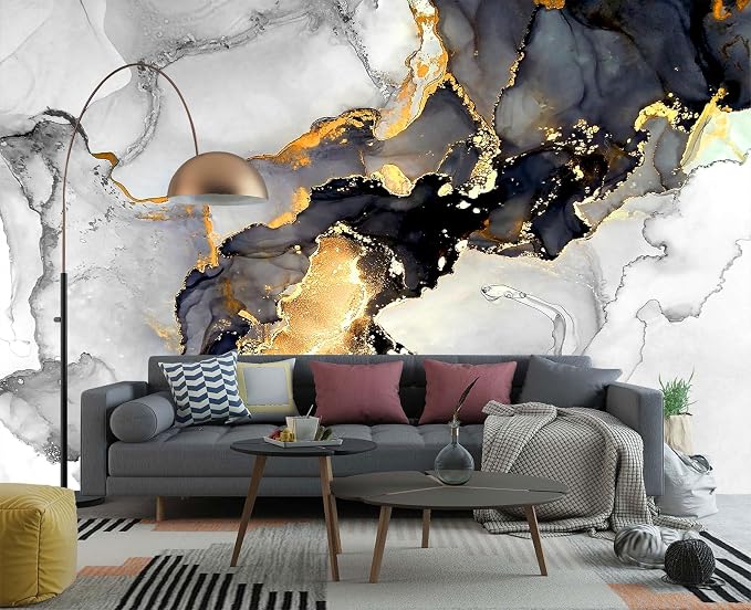 YIHWM-Peel and Stick Grey Marble Wallpaper Gold Geometric Abstraction Mural | Tear-resistant,with a substantial feel;Will not be damaged during repositioning.Bathroom,Bedroom wallpaper.L-137"x96"