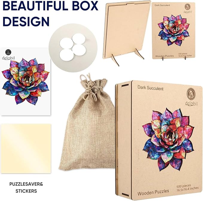 Delobil Wooden Puzzles for Adults 500 Pieces, Stained Glass Succulent Jigsaw Puzzles, Unique Shaped Plant Puzzle Gift for Kids, Family Puzzle Game, 16.5 x 16.3 Inches