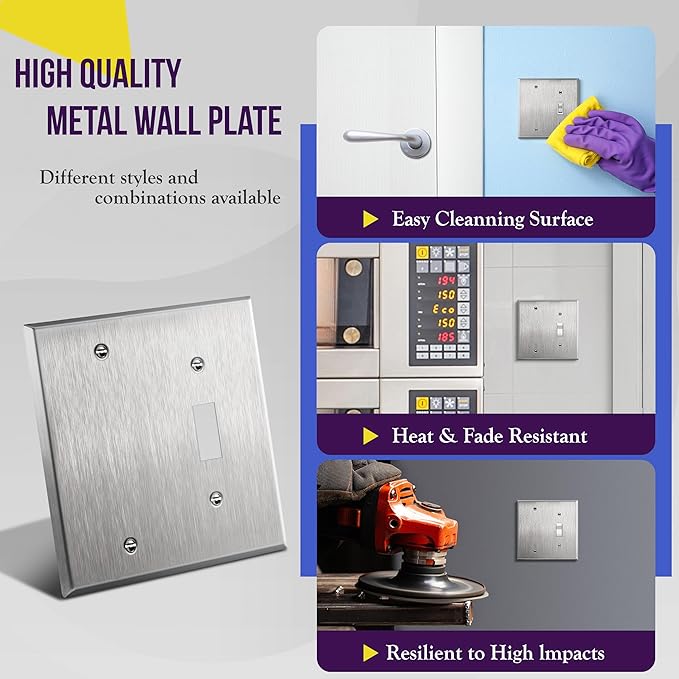 ENERLITES Combination Blank Device or Toggle Light Switch Metal Wall Plate, Corrosive Resistant, Size 2-Gang 4.50" x 4.57", 770111, 430 Stainless Steel, UL Listed, Silver