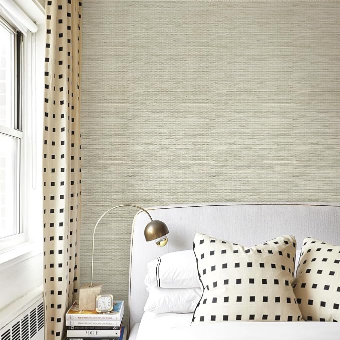Simon&Siff Cream Textured Grasscloth Peel and Stick Wallpaper 17.7"x394" Neutral Faux Grassweave Wallpaper Waterproof Self Adhesive Removable Wallpaper Mural for Home Decor Bedroom Kitchen Cabinet