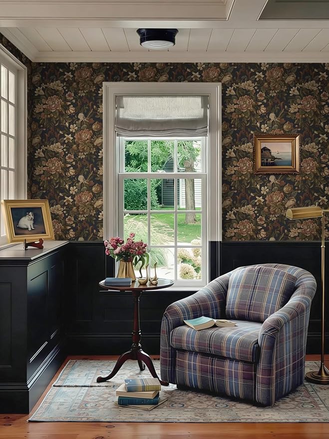 Dimoon Vintage Peel and Stick Wallpaper Dark Blue Floral Contact Paper 16.1"x236" Retro Victorian Dark Academia Wallpaper for Bedroom Moody Cottage Core Wall Paper Removable Waterproof Vinyl Roll