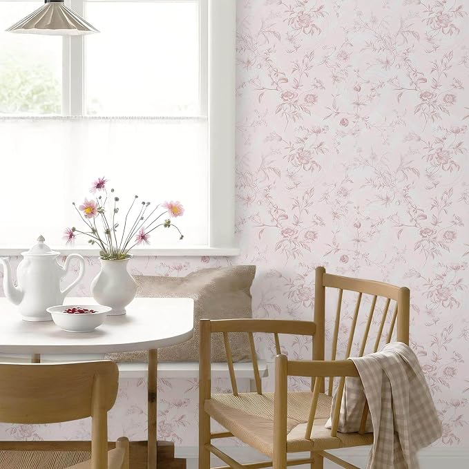 Ismoon Peel and Stick Wallpaper Floral Pink Stick on Wall Paper Vintage French Contact Paper for Cabinet Textured Removable Self Adhesive Wallpaper Vinyl Roll Shelf Deco, 17.3x78.7in