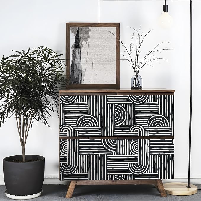 Livelynine Geometric Peel and Stick Wallpaper Black and White Modern Mid Century Geometric Abstract Wall Paper Contemporary Minimalist Lines 17.5x78.8 Geometric Pattern Contact Paper for Cabinets