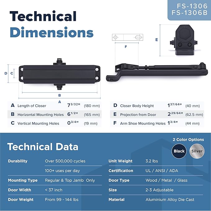 Automatic Door Closer (Black), FS-1306B Residential Hydraulic Auto Door Closer, Grade 3 Self Closing Spring Hinge, UL Listed & ADA Soft Closers No Slam, for Home & Interior Garage Doors Closure