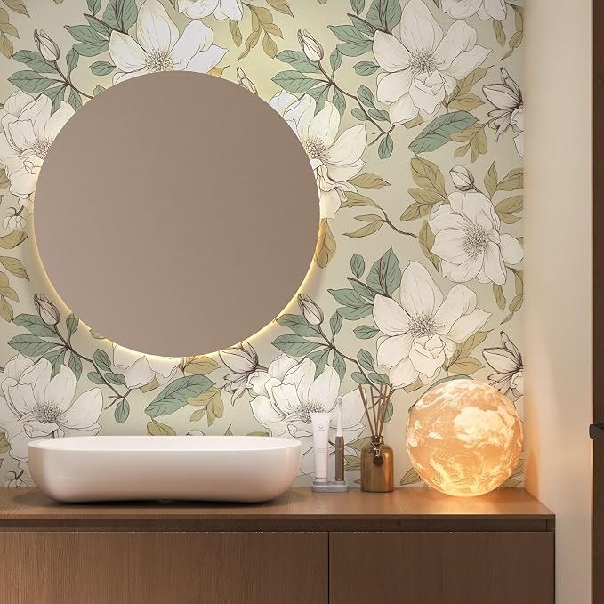 Beige Magnolia Floral Peel and Stick Wallpaper 17.5"x393" | Self Adhesive/Removable/Waterproof/Thick Vinyl Vintage Contact Paper for Bathroom Bedroom Shelf Cabinet Drawer,Prepasted