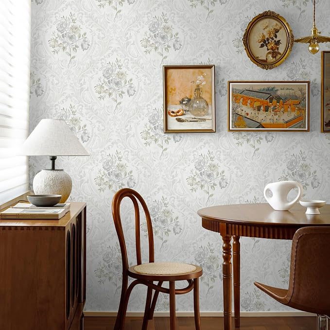 Ismoon Vintage Peel and Stick Wallpaper Floral Contact Paper Boho White and Grey Watercolor Damask Wallpaper Textured Removable Self Adhesive Vinyl Wall Paper for Bedroom, 17.3 in X 32.75ft
