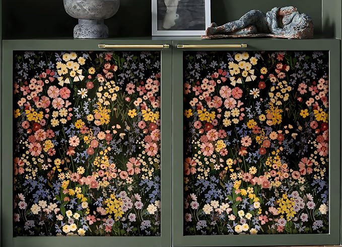 Vintage Floral Peel and Stick Wallpaper for Bedroom,Cabinets 17.3" x 118" | Textured Vinyl Contact Paper Self Adhesive Removable Waterproof Black/Green/Pink Stick on Wall paper for Kitchen Bathroom
