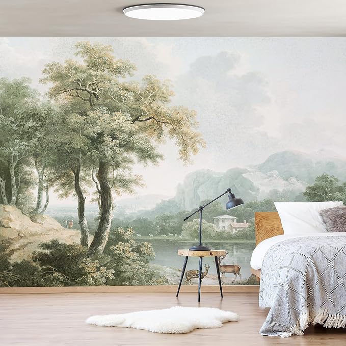 Vintage Forest Wall Murals Peel and Stick 148"x98" Canvas Waterproof | Self-Adhesive Removable Wallpaper for Bedroom Living Room Green Countryside Landscape Wall Art Decor