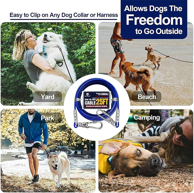 Tie Out Cable for Dogs Up to 300lbs,25ft Extra Strong 1000lbs Break Strength Tie-Out Tether Trolley Training Lead,Dog Run Cable for Yard Garden Park Camping Outside (Blue, 300lbs 25ft)