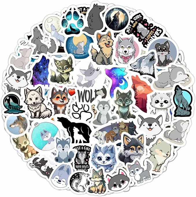 BulbaCraft Cute Wolf Stickers for Water Bottle and Laptop - Wolf Party Supplies & Decorations, Waterproof Vinyl Decals, Cute Animal and Wildlife Stickers, Gifts for Women & Men
