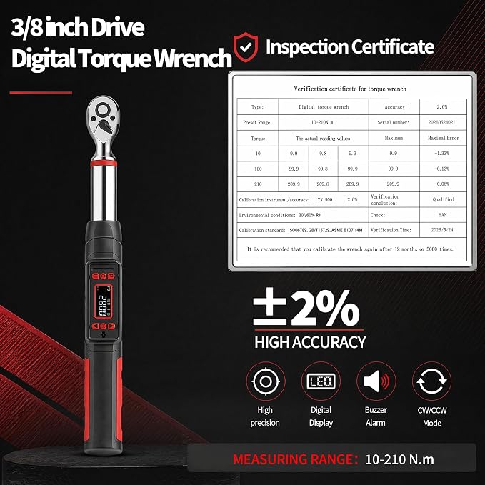3/8" Digital Torque Wrench Set, ±2% Accuracy, 7.4–154.9 ft-lb (10–210Nm), 14/16mm Spark Plug Sockets, 6" Extension Bar, 3/8 Universal Joint for Auto & Motorcycle Repair