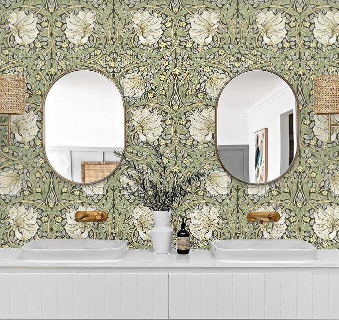 HAOKHOME Vintage Floral Wallpaper Peel and Stick Botanical Sage Green/Yellow Wall Murals Home Kitchen Bedroom Decor by William Morris 17.3in x 9.8ft