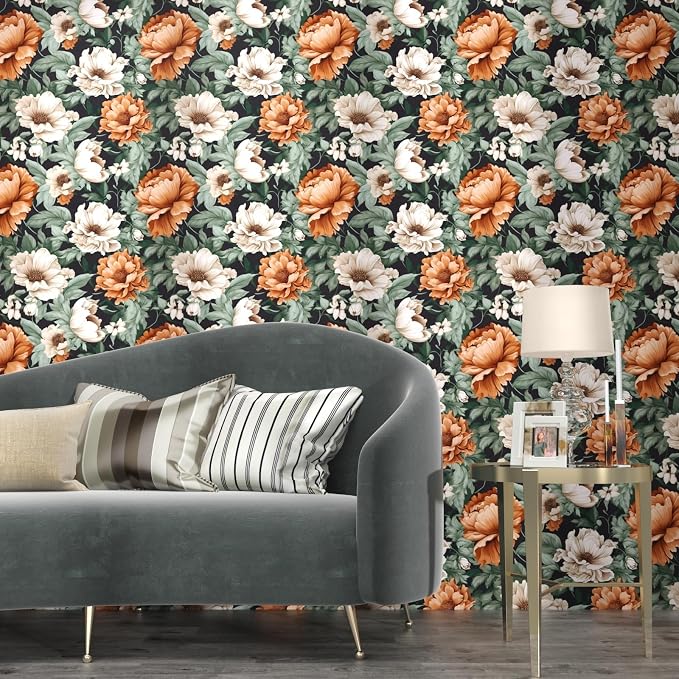 Floral Wallpaper Peel and Stick, Vintage Large Blooming Flowers Contact Paper 17.5" x 118", Retro Wall Paper Self Adhesive Removable Waterproof for Room Walls Shelves Cabinet Table (Orange, Green)