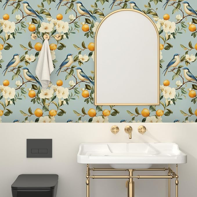 Blue Bird Peel and Stick Wallpaper, Vintage Beige Floral Fruits Contact Paper, Retro Botanical Wall Paper 17.5" x 118" Self Adhesive Removable Waterproof for Bedroom Shelves Cabinet Drawer Table