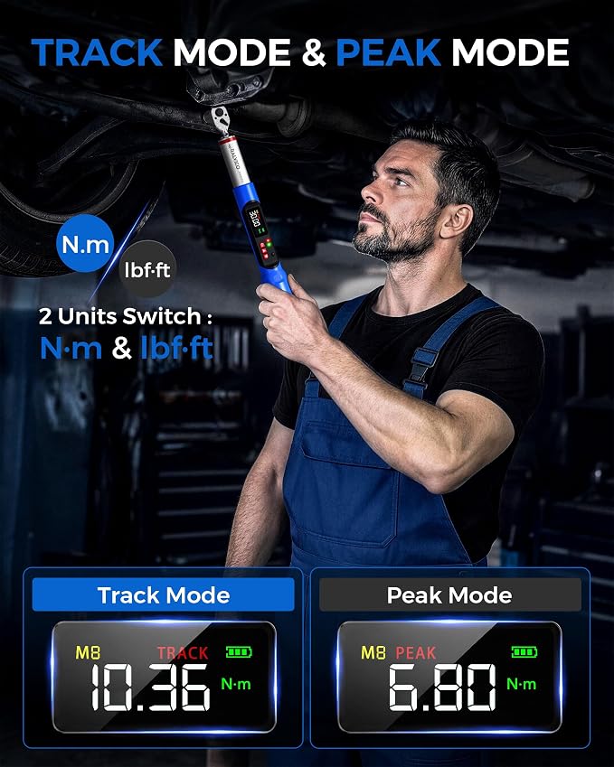 Digital Torque Wrench 3/8 Drive For Motorcycle Engine Spark Plug | 5.02-99.57 Ft-Lb (6.8-135 N.m)，±2% Accuracy，Peak & Track，LED & Buzzer Alert，Electronic Display，for Mechanic Auto Moto Bike