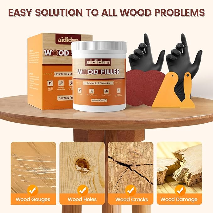 Wood Filler, Wood Repair Kit, 16 Ounce Paintable & Stainable Wood Putty Filler, Wood Scratch Cracks Holes Repair Furniture, Exterior Wood Filler Water Resistant, Wood Putty White oak,