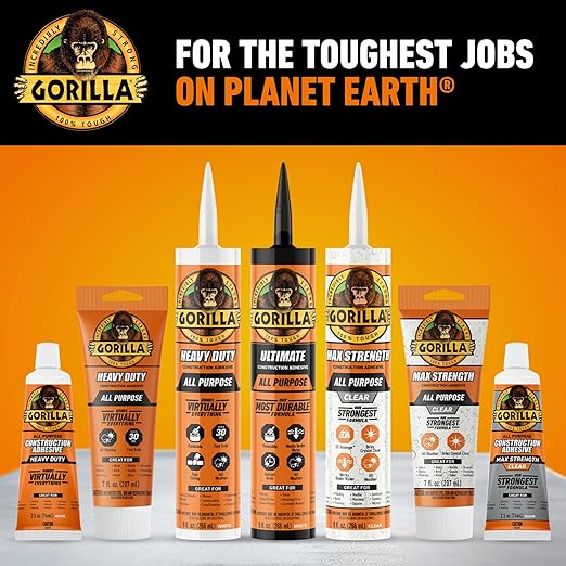 Gorilla Max Strength Construction Adhesive; Clear Glue; 7 Ounce Squeeze Tube (Pack of 1) - Gap Filling and Waterproof