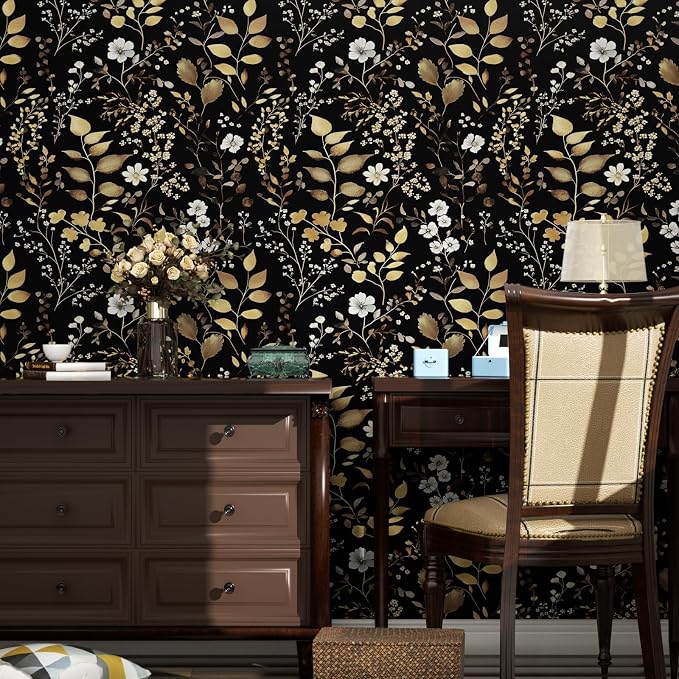 Vintage Dark Floral Gold Leaf Peel and Stick Wallpaper 17.5"x787" | Self Adhesive/Removable/Waterproof/Thick Vinyl Extra Long Contact Paper for Bathroom Bedroom Shelf Cabinet Drawer,Prepasted