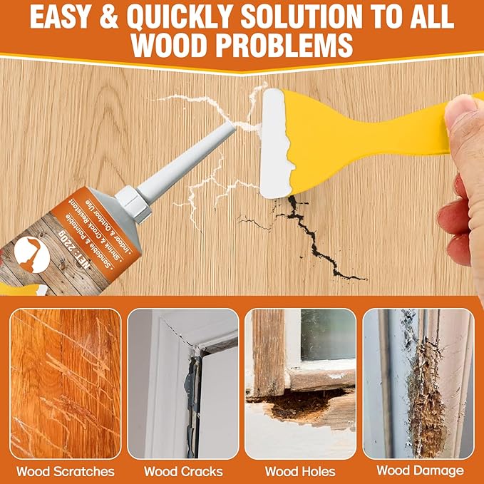 Wood Filler,220g Paintable & Sandable Wood Putty –Low Odor, Shrink & Crack Resistant-Quick Repair for Cracks, Holes and Damage-For Indoor & Outdoor Wood Repair(White)