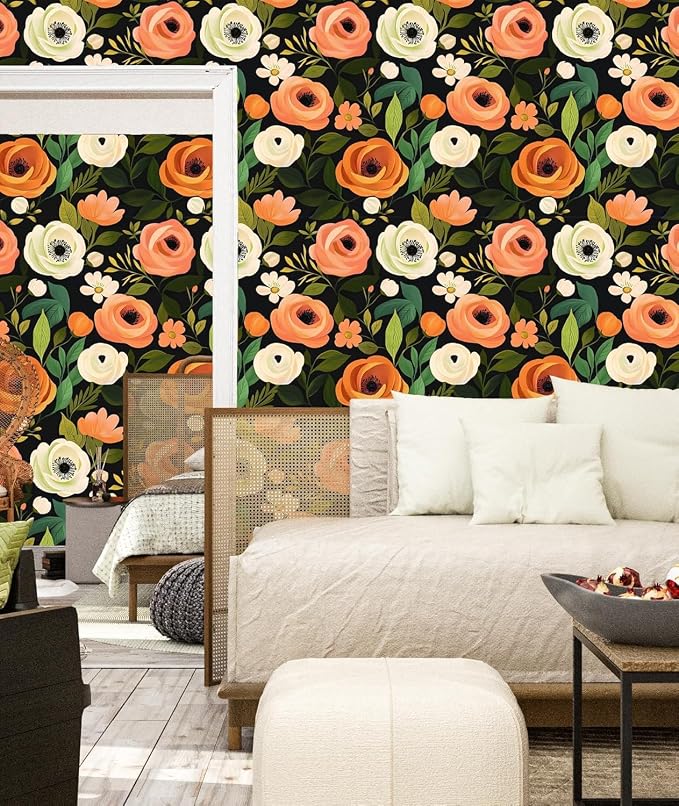 Danodoi Orange Green Vintage Floral Peel and Stick Wallpaper 17.5" x 393" | Waterproof Vinyl Self Adhesive Removable Renter Friendly Floral Contact Paper
