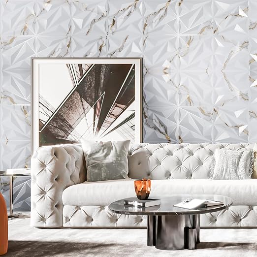 33 Pack 3D Wall Panel Diamond for Interior Wall Décor, PVC Textured Wall Panels, 12''x12'' Cover 32.Sq.Ft. Gold Veined White | PVC Accent Wall Panels for Interior Wall Decor, Living Room Lobby Bedroom Hotel Office