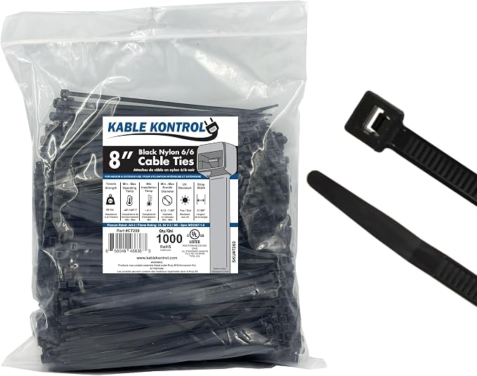 Kable Kontrol Cable Zip Ties 1000 Pcs 8 Inch Black, 50 Lbs Tensile Strength, Self-locking UV Resistant Plastic Nylon Wire Ties, for Indoor or Outdoor Use