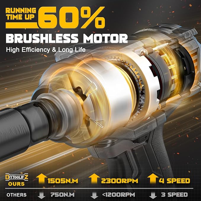 DIYtoolifz 1500Nm Cordless Impact Wrench 1/2" Compatible with Dewalt 20V | 1110 Ft-Lbs Brushless Motor; 3-Speed; 6 Pcs Sockets & Storage Case; For Tire Removal, Rusted Bolts & Heavy Equipment
