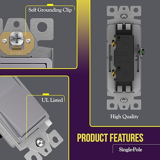 ENERLITES Elite Series Decorator Rocker Light Switch, 15A 120V/277V, Gloss Finish, Single Pole, 3 Wire, Grounding Screw, Residential Grade, UL Listed, 91150-SV, Silver Color