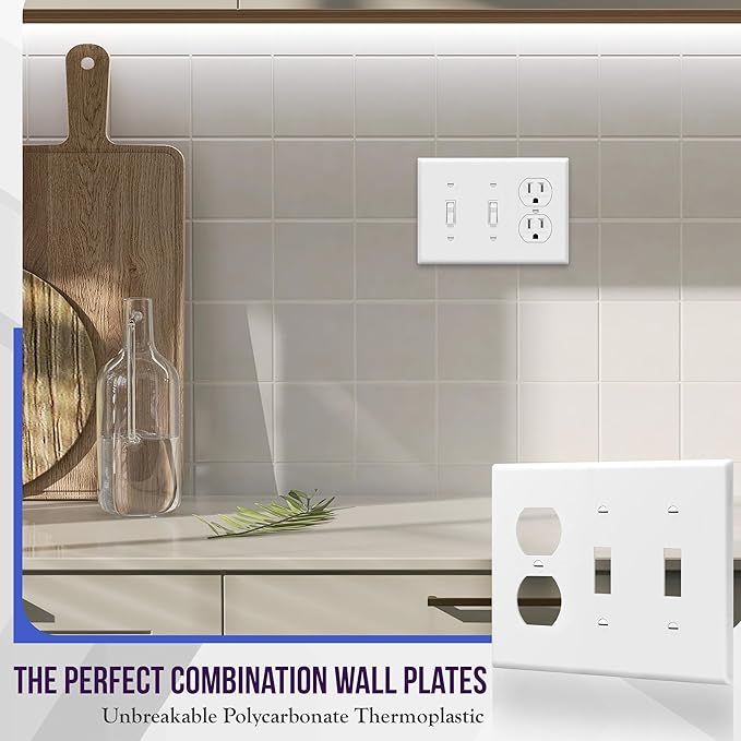 ENERLITES Combination Triple Gang Wall Plate, Double Toggle Switch/Single Duplex Receptacle Cover Plate, Standard Size 3-Gang 4.5" x 6.38", Polycarbonate Thermoplastic, 881221-W, White
