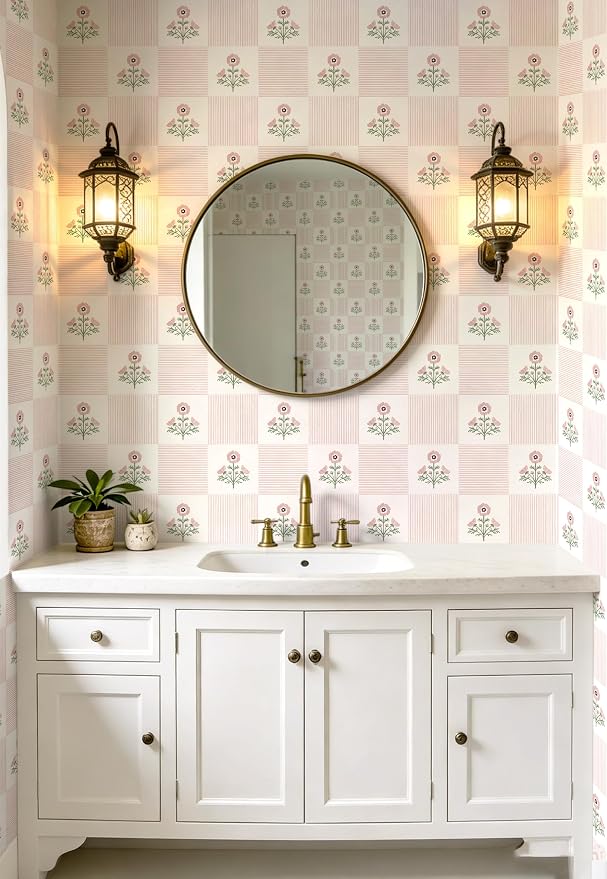 Guvana Pink Floral Peel and Stick Wallpaper Vintage Floral Wallpaper Boho Wall Paper Removable Modern Contact Paper Vinyl Self Adhesive for Bedroom Bathroom Kitchen Livingroom Covering 17.3" x 78.7"