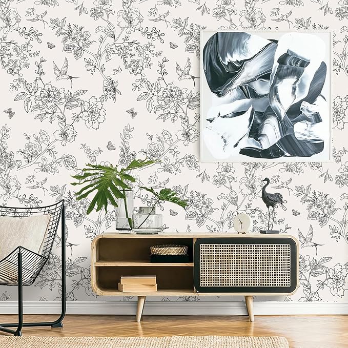 Froluya Black and Cream White Floral Wallpaper Peel and Stick Wallpaper 17.7in×196.8in Vintage Floral Contact Paper Flowers Birds Removable Self Adhesive Decorative Wall Paper for Bathroom Cabinets