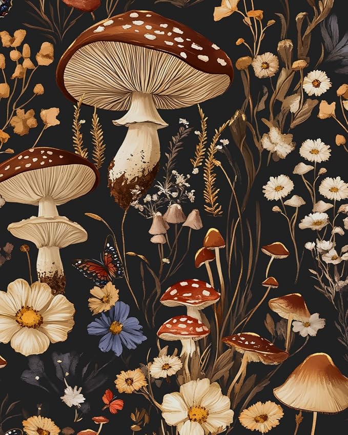 BOKEBEVE Mushoroom Wallpaper Peel and Stick Boho Black Brown 17.5 x 118In | Removable Self Adhesive Renter Friendly Vintage Floral Wall Paper for Bedroom Bathroom Cabinet Drawer Feature Accent Wall