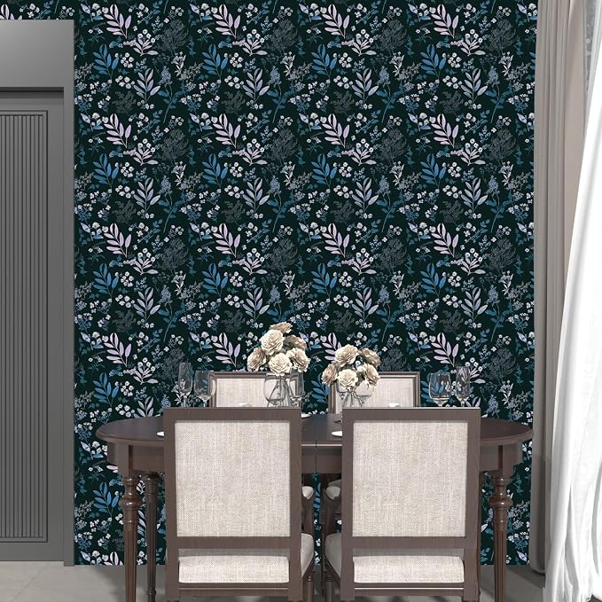 Laatse Vintage Blue Wallpaper Peel and Stick Dark Pink Floral Wallpaper 17.5'' x 118'' Dark Blue Leaf Contact Paper Vinyl Waterproof Self Adhesive Boho Botanical Wall Paper for Bedroom Cabinet Décor