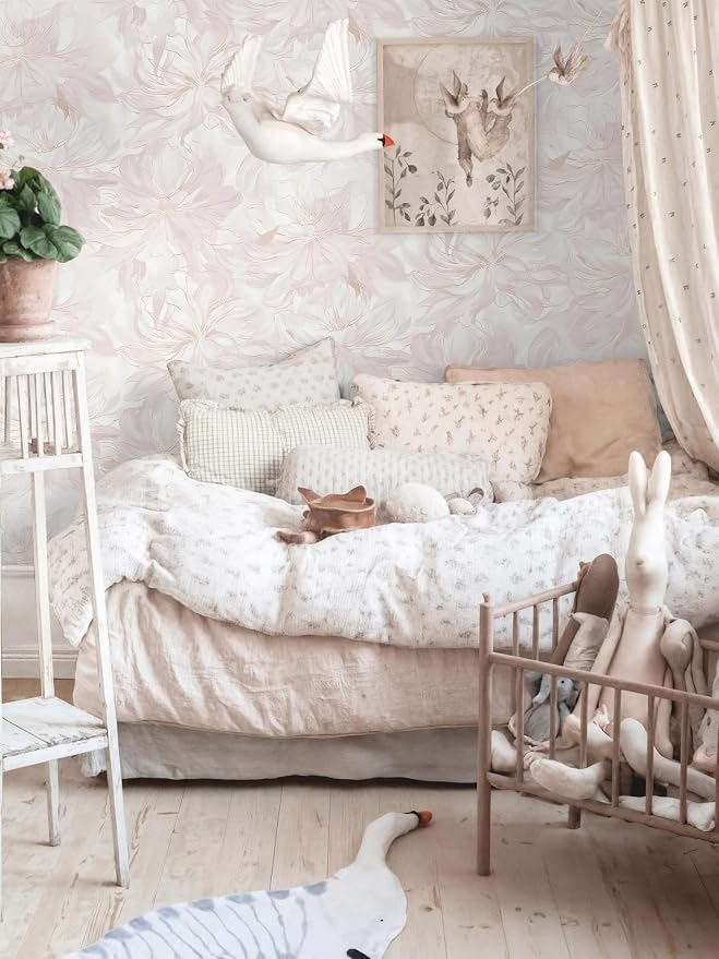393"x17.3" Peel and Stick Wallpaper Pink Floral Boho Cute Contact Paper Pink Girly White Flower Wallpaper Removable Dorm Girls Wall Paper Self Adhesive Modern Kitchen Bedroom Vinyl Roll