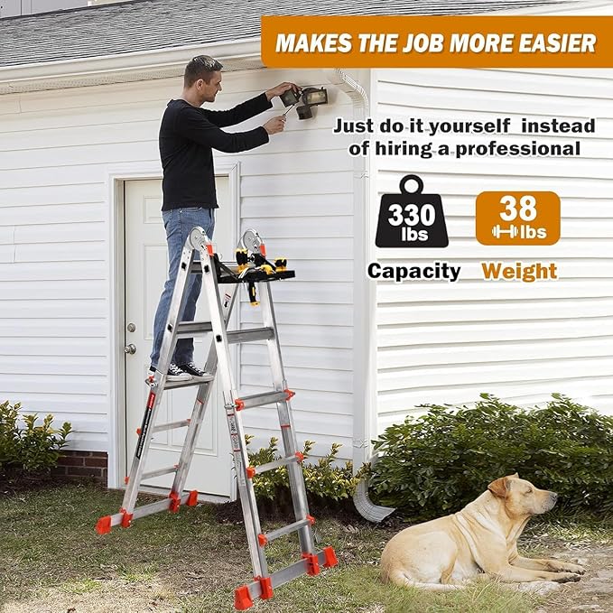 Soctone Ladder, A Frame Extension Ladder, Multi Position with Stabilizer Bar, 330 lbs Weight Rating Telescoping Ladder for Household or Outdoor Work, 17.5 Ft, Orange