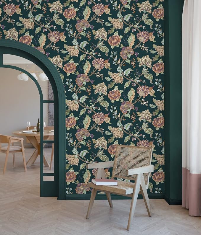 NextWall Kianna Jacobean Floral Peel and Stick Wallpaper (Victorian Jade)