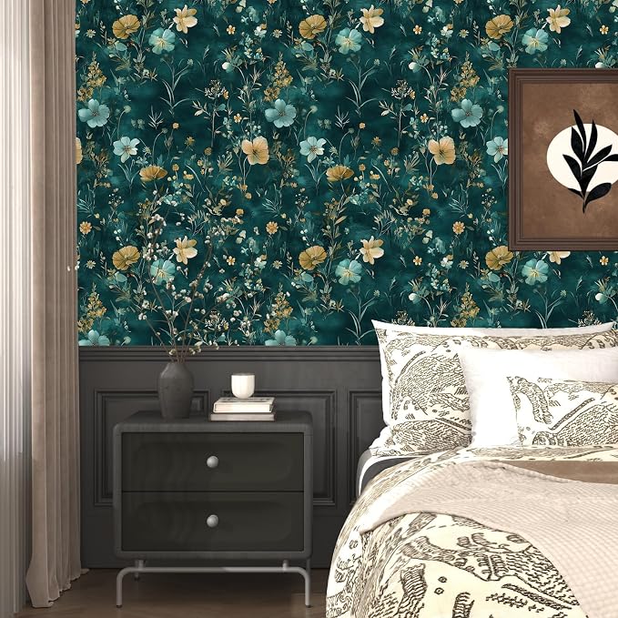 Floral Leaf Vintage Wallpaper Peel and Stick 17.5" x 118", Teal Gold | Self Adhesive/Removable/Waterproof/Thick Vinyl Contact Paper for Bathroom Bedroom Shelf Cabinet Drawer,Prepasted,Easy Peel