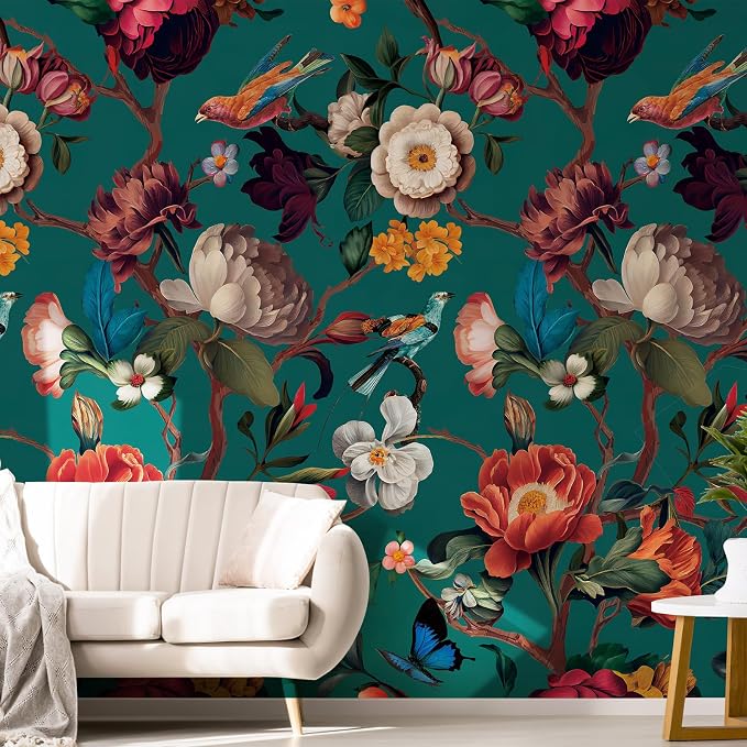 Zeeko Vintage Floral Wallpaper Peel and Stick Large Blue Flower Wall Murals for Bedroom TV Background Wall Paintings Art Deco 148" W x 98" H
