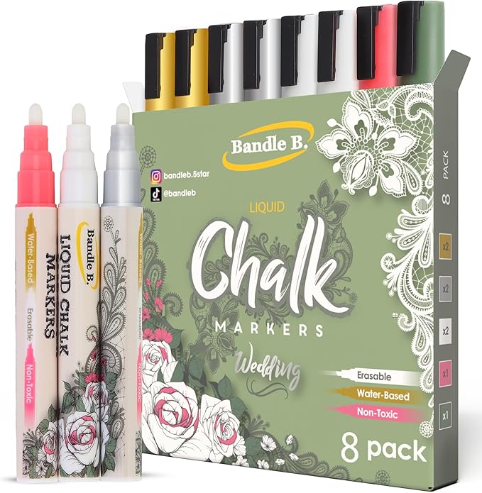 Liquid Chalk Markers: Wedding Edition - Pack of 8 - Non-Toxic, Water-Based, Erasable, Dust Free Chalk Pens for Chalkboards, Blackboards, Windows and Glass - 6mm Reversible Bullet and Chisel Tip