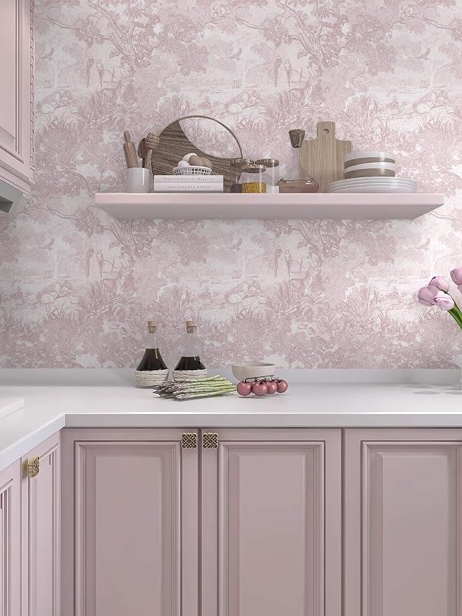 Heroad Peel and Stick Wallpaper Pink and White Vintage Forest Animals Floral Wallpaper Removable Self-Adhesive Contact Paper for Bedroom Living Room Cabinets Decoration Thicken Vinyl 17.3" x 78.7"