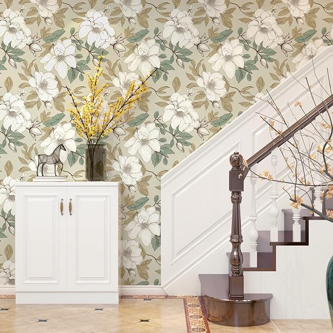 Beige Magnolia Floral Peel and Stick Wallpaper 17.5"x118" | Self Adhesive/Removable/Waterproof/Thick Vinyl Vintage Contact Paper for Bathroom Bedroom Shelf Cabinet Drawer,Prepasted