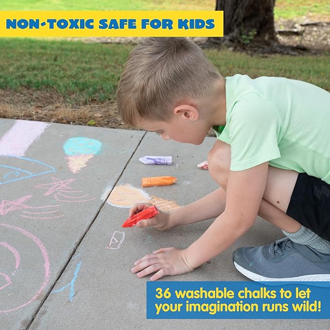 JOYIN 36 PCS Washable Sidewalk Chalk, 6 Packs Total, 3 Styles (Tie-Dye, Glitter & Neon), Outdoor Chalks for Painting, Drawing, Gifts for Kids