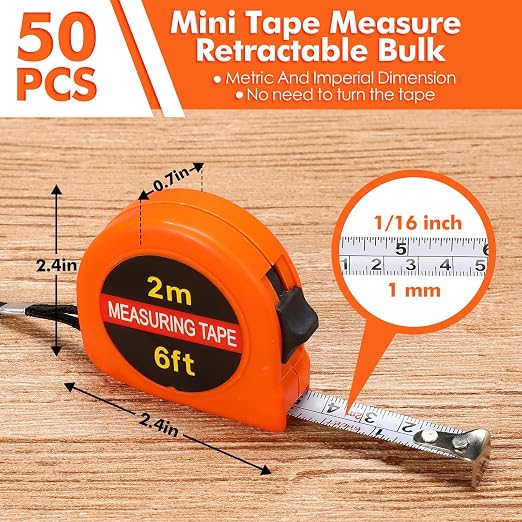 Copkim 50 Pcs Small Tape Measure Keychain Bulk Back to School Gifts 6ft 2m School Mini Measuring Tape Retractable, Metric and Inch, Retractable Handy Pocket for Daily Use Prizes Rewards(Orange)