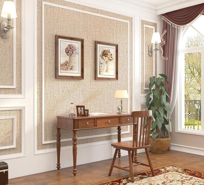 Beige Grasscloth Peel and Stick Wallpaper Textured 15.7in x 236.2in | Faux Linen Wallpaper Peel and Stick Vintage Grasscloth Contact Paper Self Adhesive Removable Contact Paper for Bedroom Vinyl