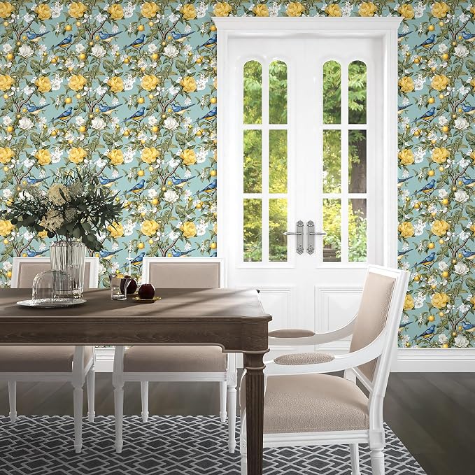 Danodoi Green Vintage Lemon Bird Peel and Stick Wallpaper 17.5" x 393" | Waterproof Vinyl Self Adhesive Removable Renter Friendly Floral Contact Paper